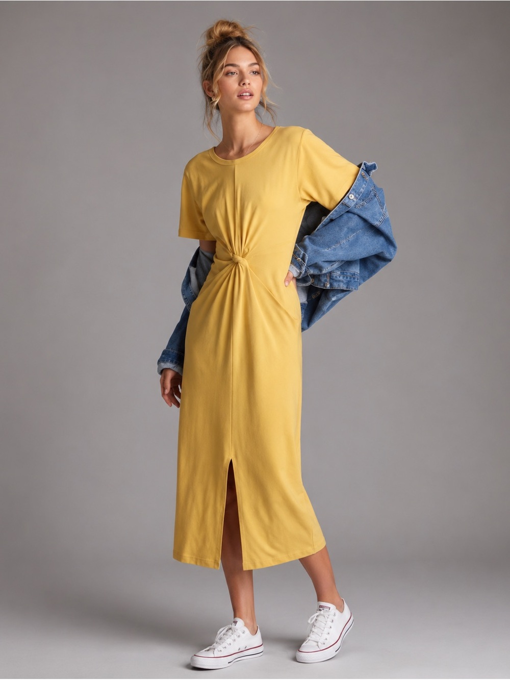 Anthropologie Daily Practice Women’s XS Mustard Yellow Twist Front Midi Dress